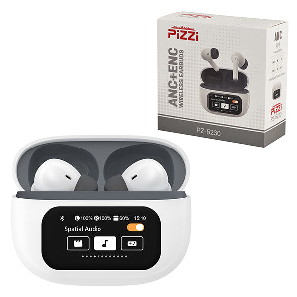 אוזניות איכותיות EarBuds F11 PiZZi אלחוטיות Bluetooth עם מסך טאץ' ותצוגה בעברית ובית טעינה קומפקטי