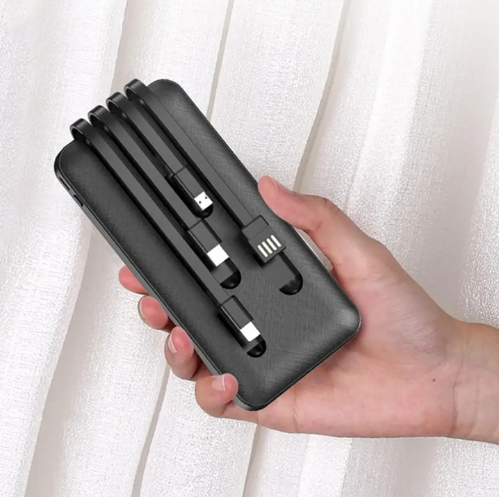 פאוור בנק סוללת גיבוי 10000mAh כולל 4 כבלים מובנים לטעינה נוחה