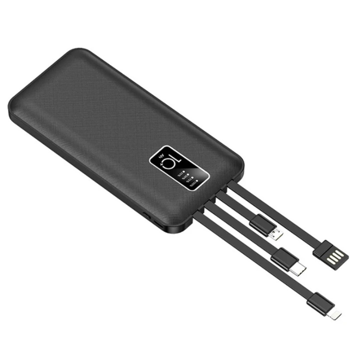 פאוור בנק סוללת גיבוי 10000mAh כולל 4 כבלים מובנים לטעינה נוחה
