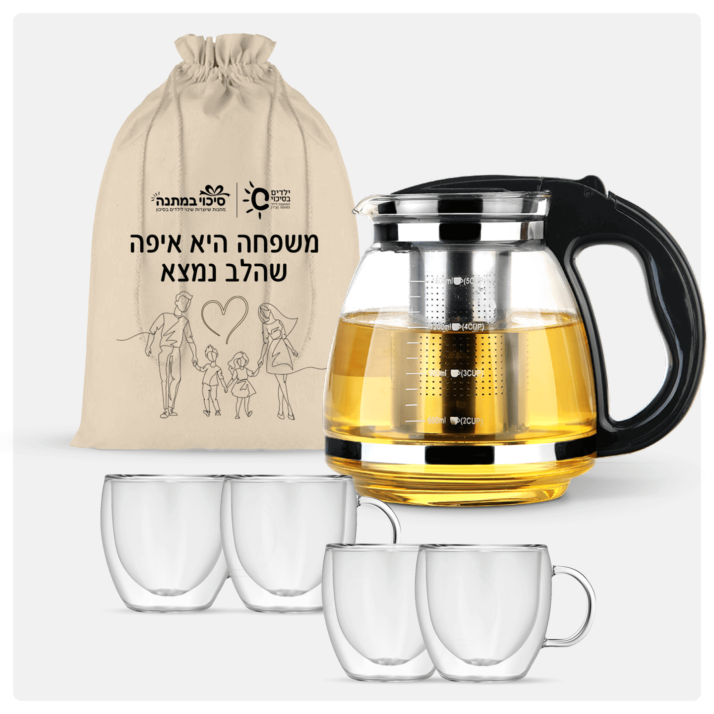 קנקן זכוכית + 4 כוסות זכוכית